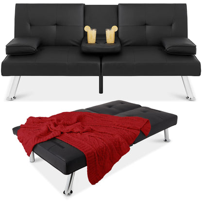 Modern Faux Leather Convertible Futon Sofa W/ Removable Armrests, 2 Cupholders - Black