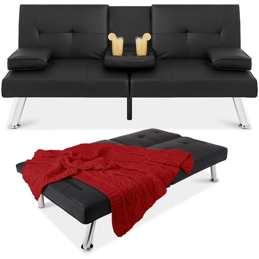 Modern Faux Leather Convertible Futon Sofa W/ Removable Armrests, 2 Cupholders - Black