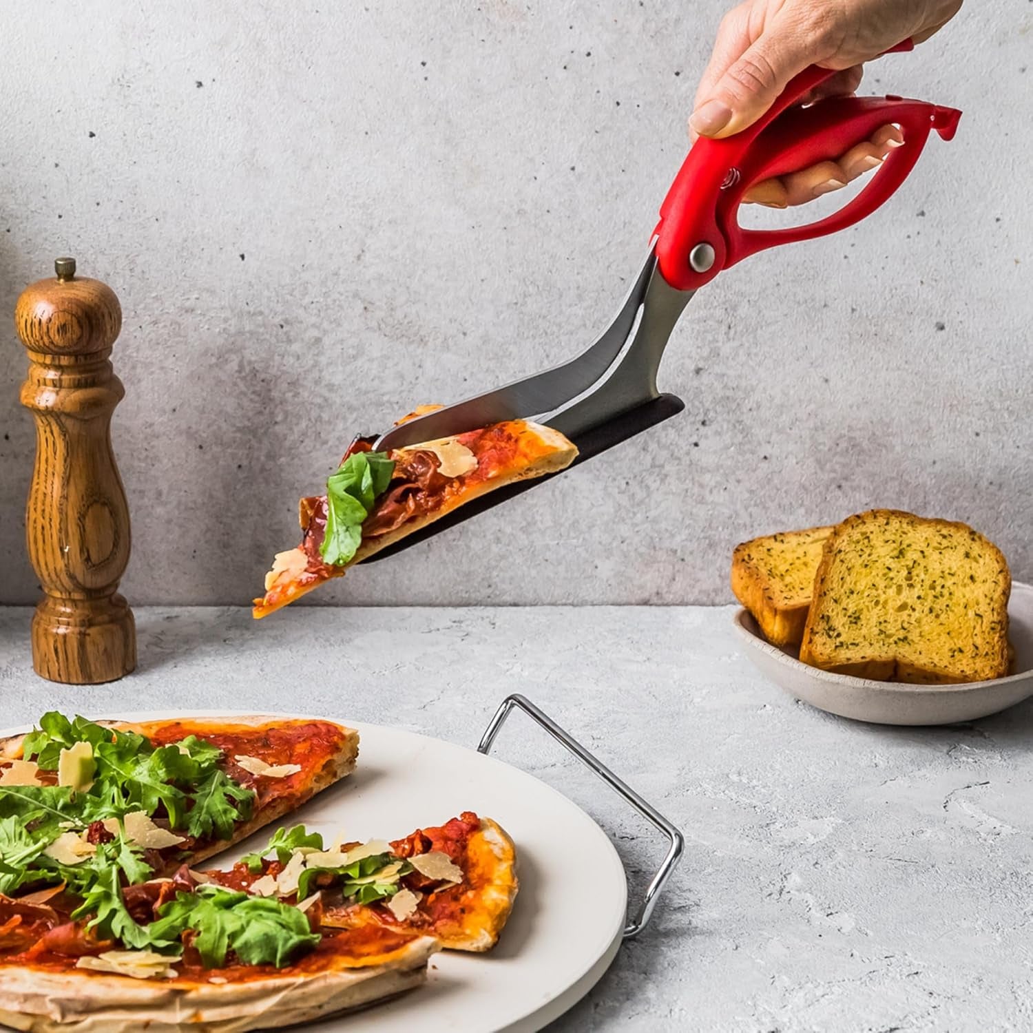 Scizza 2-In-1 Easy Ergonomic Pizza Scissors with Stainless Steel Pizza Cutter Blades & Non-Stick Slice Server - Red | Cuts and Serves Pizza with Non-Scratch, Heat Resistant Serving Base, Spring-Loaded German Stainless Steel Blades