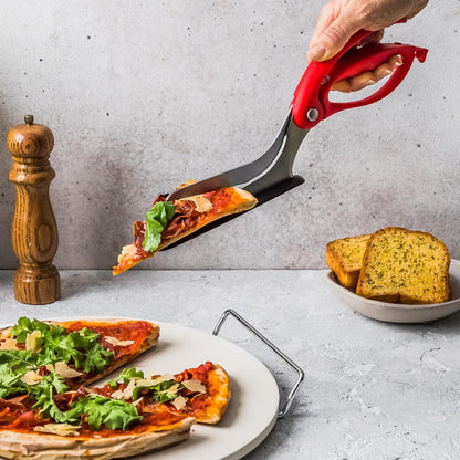Scizza 2-In-1 Easy Ergonomic Pizza Scissors with Stainless Steel Pizza Cutter Blades & Non-Stick Slice Server - Red | Cuts and Serves Pizza with Non-Scratch, Heat Resistant Serving Base, Spring-Loaded German Stainless Steel Blades