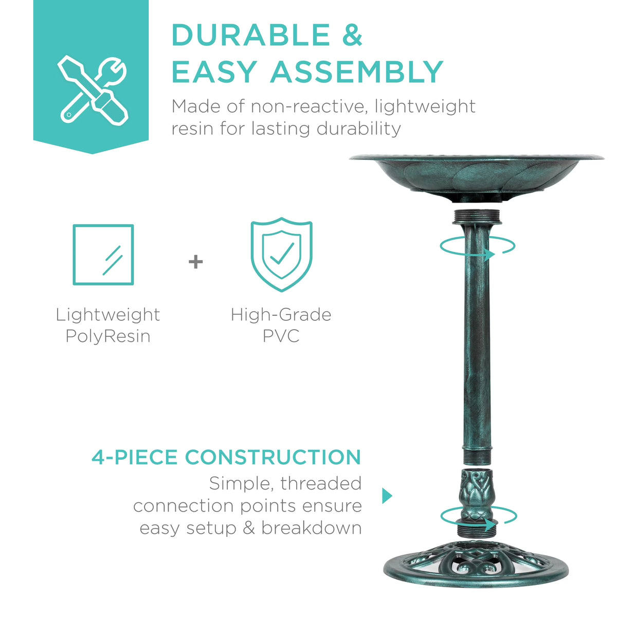 Outdoor Rustic Pedestal Bird Bath Accent for Garden, Yard W/ Fleur-De-Lis Accents - Green
