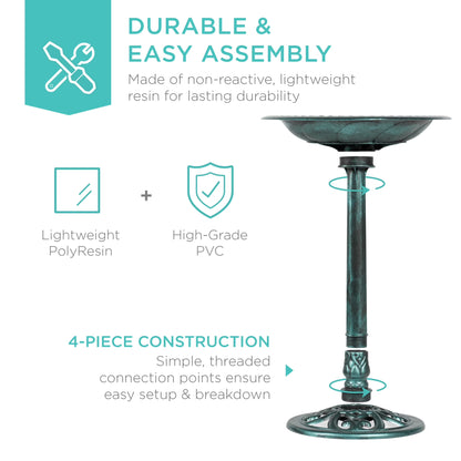 Outdoor Rustic Pedestal Bird Bath Accent for Garden, Yard W/ Fleur-De-Lis Accents - Green