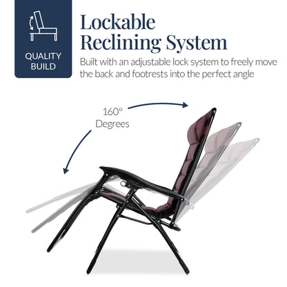Oversized Padded Zero Gravity Chair, Folding Outdoor Patio Recliner W/ Side Tray - Brown