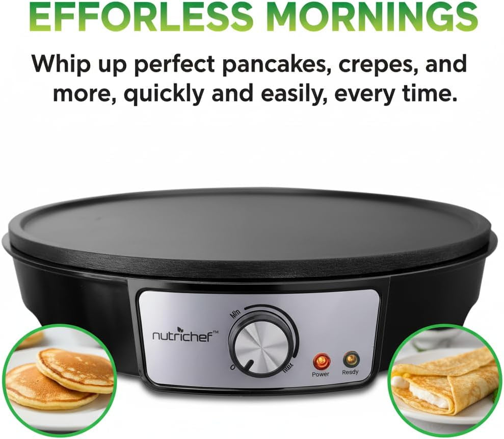 Electric Crepe Maker Pan & Griddle | 12 Inch Nonstick Cooktop | LED Indicators & Adjustable Temperature Control | Includes Spatula, Batter Spreader | Cooks Crepes, Roti & Pancakes