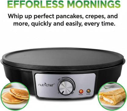 Electric Crepe Maker Pan & Griddle | 12 Inch Nonstick Cooktop | LED Indicators & Adjustable Temperature Control | Includes Spatula, Batter Spreader | Cooks Crepes, Roti & Pancakes