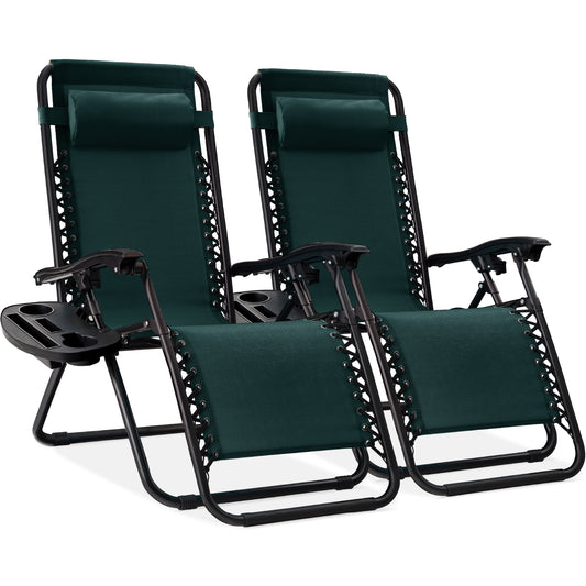 Set of 2 Zero Gravity Lounge Chair Recliners for Patio, Pool W/ Cup Holder Tray - Forest Green
