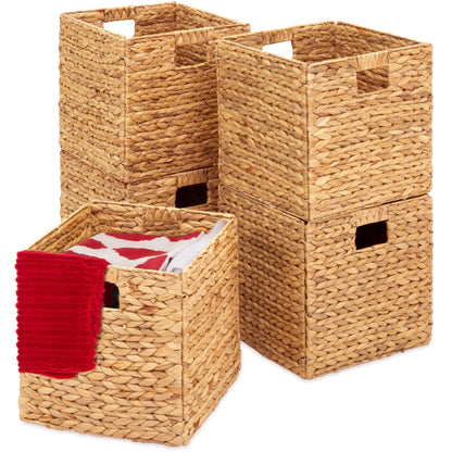 12X12In Hyacinth Baskets, Set of 5 Multipurpose Collapsible Organizers W/ Inserts - Natural