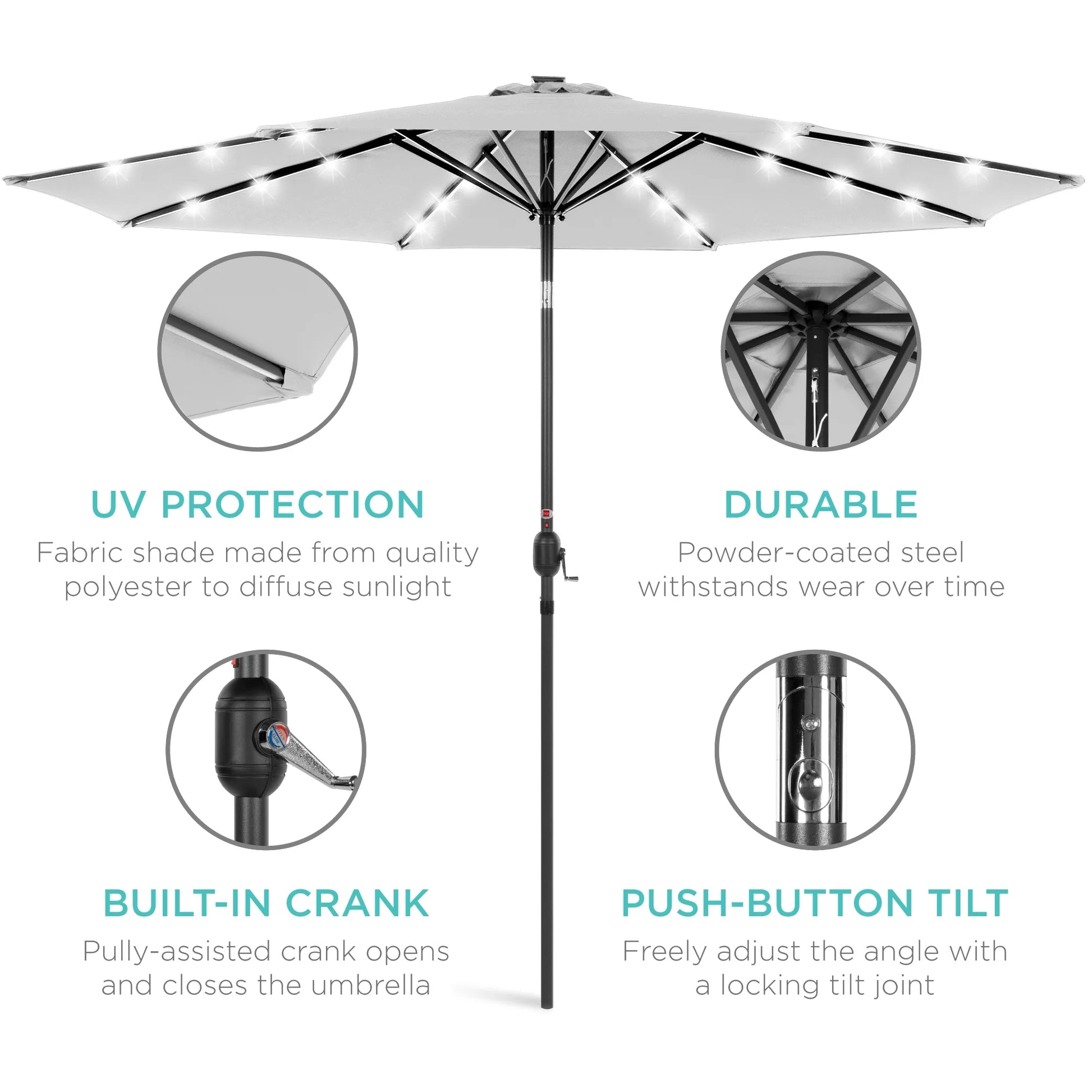 10Ft Solar LED Lighted Patio Umbrella W/ Tilt Adjustment, Uv-Resistant Fabric - Fog Gray