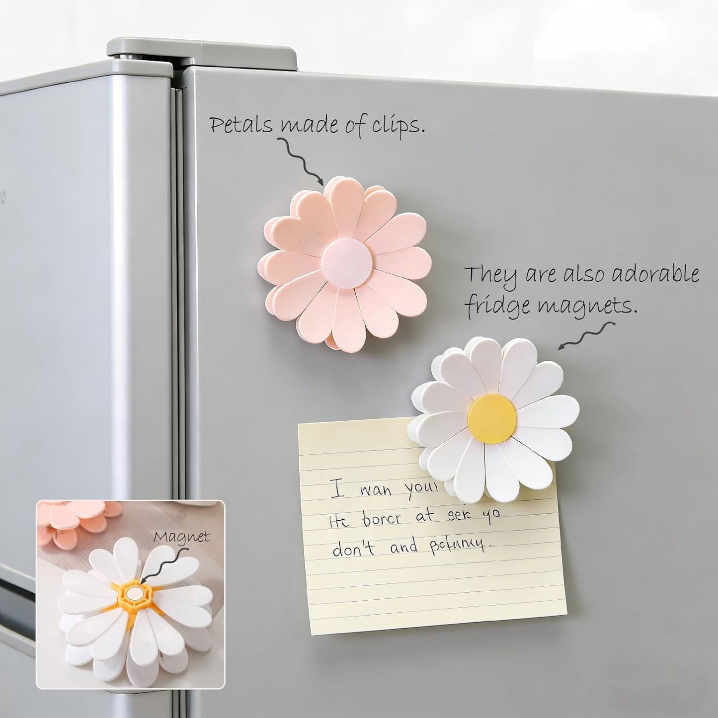 Chip Clips, English Daisy Magnetic Bag Clips, Cute Fridge Magnets, Magnetic Clip for Bread, Snack and Food Bags (2 Flower 12 Pcs, White and Pink)