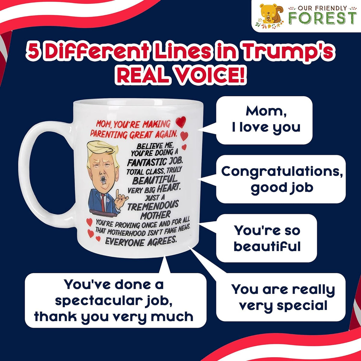 Talking Donald Trump Mug - Birthday Gifts for MOM from Daughter/Son/Husband - Moms Coffee Cup - Says 5 Lines in Trump'S REAL VOICE – Mommy Funny Mugs- Best Christmas, Mother'S Day, & Valentines Gift