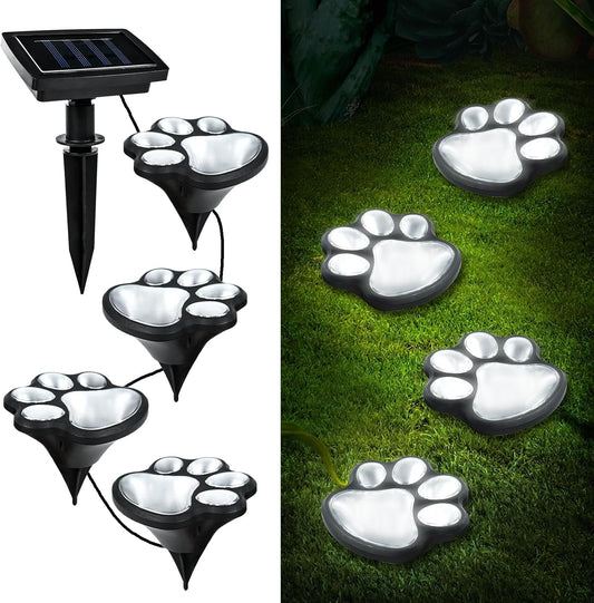 Animal Paw Print Solar Lights Outdoor Garden Decor, 4 Pack Paw Print Lights with Cord, IP55 Waterproof Yard Pathway Decor Light, Cold White Color Light, New Home Birthday Christmas Gift