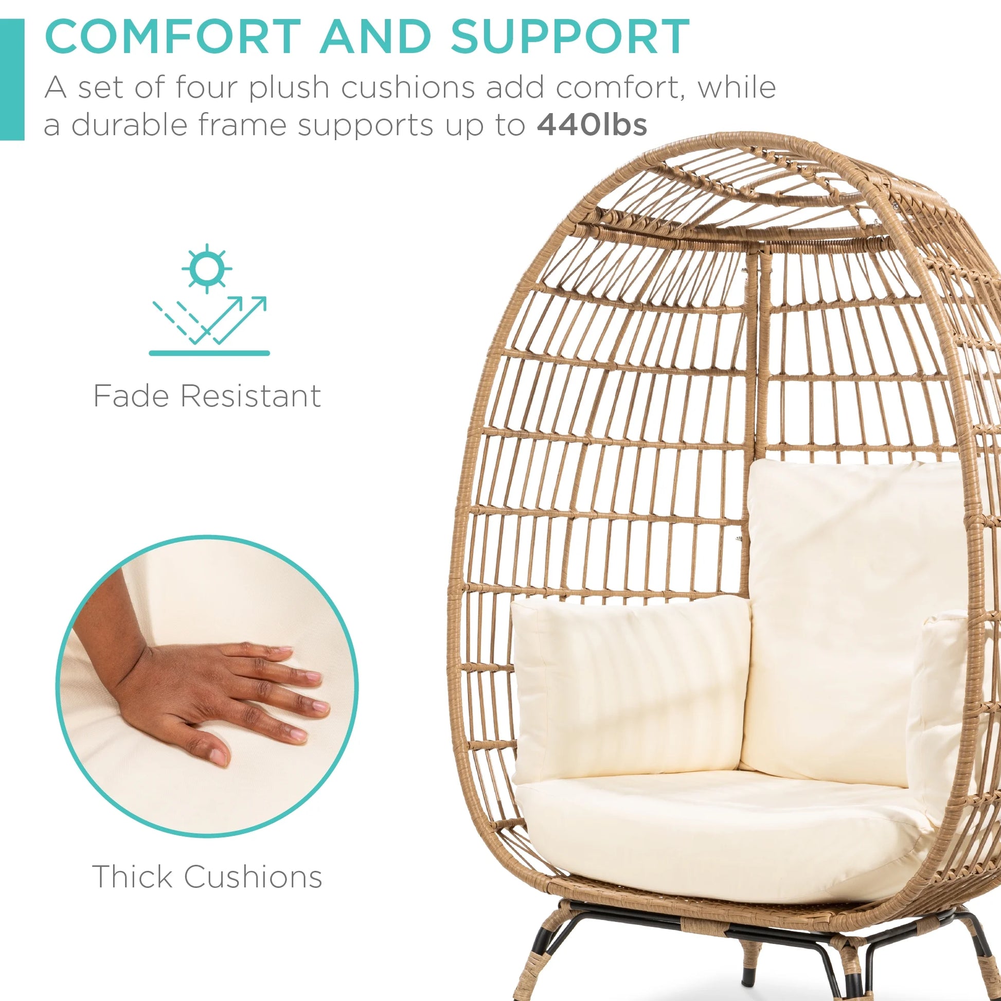 Wicker Egg Chair Oversized Indoor Outdoor Patio Lounger W/ Steel Frame - Ivory