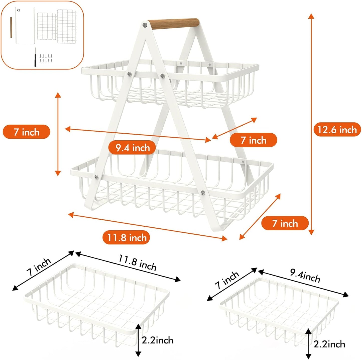 2-Tier Countertop Fruit Basket, Detachable Metal Rectangular Fruit Bowl with Portable Wooden Handle, Multi-Purpose Storage Organizer for Kitchen, Dining Room,Fruits,Vegetables, Bread & Snacks
