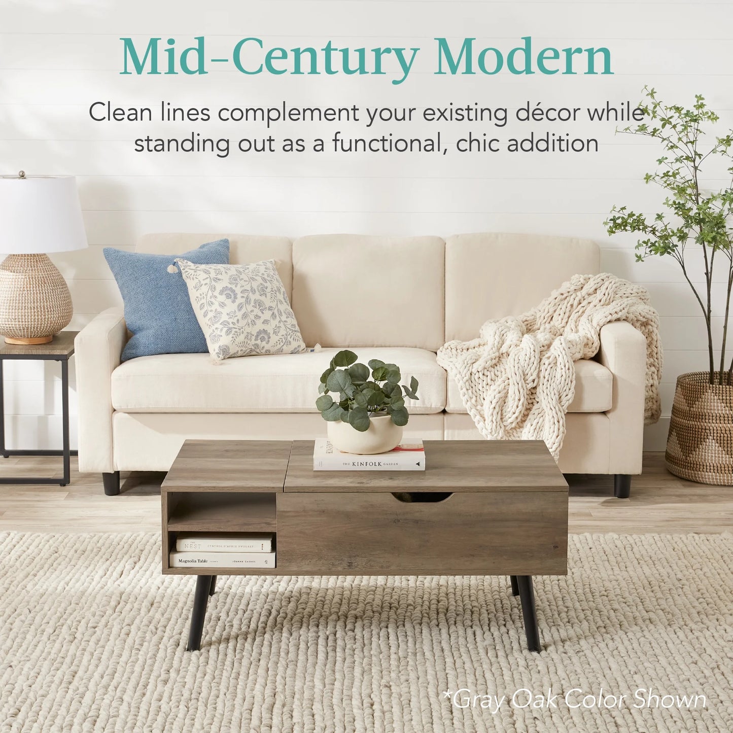Wooden Mid-Century Modern Lift Top Coffee Table W/ Hidden Storage, Removable Shelf - Brown