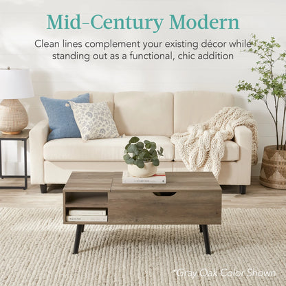 Wooden Mid-Century Modern Lift Top Coffee Table W/ Hidden Storage, Removable Shelf - Brown