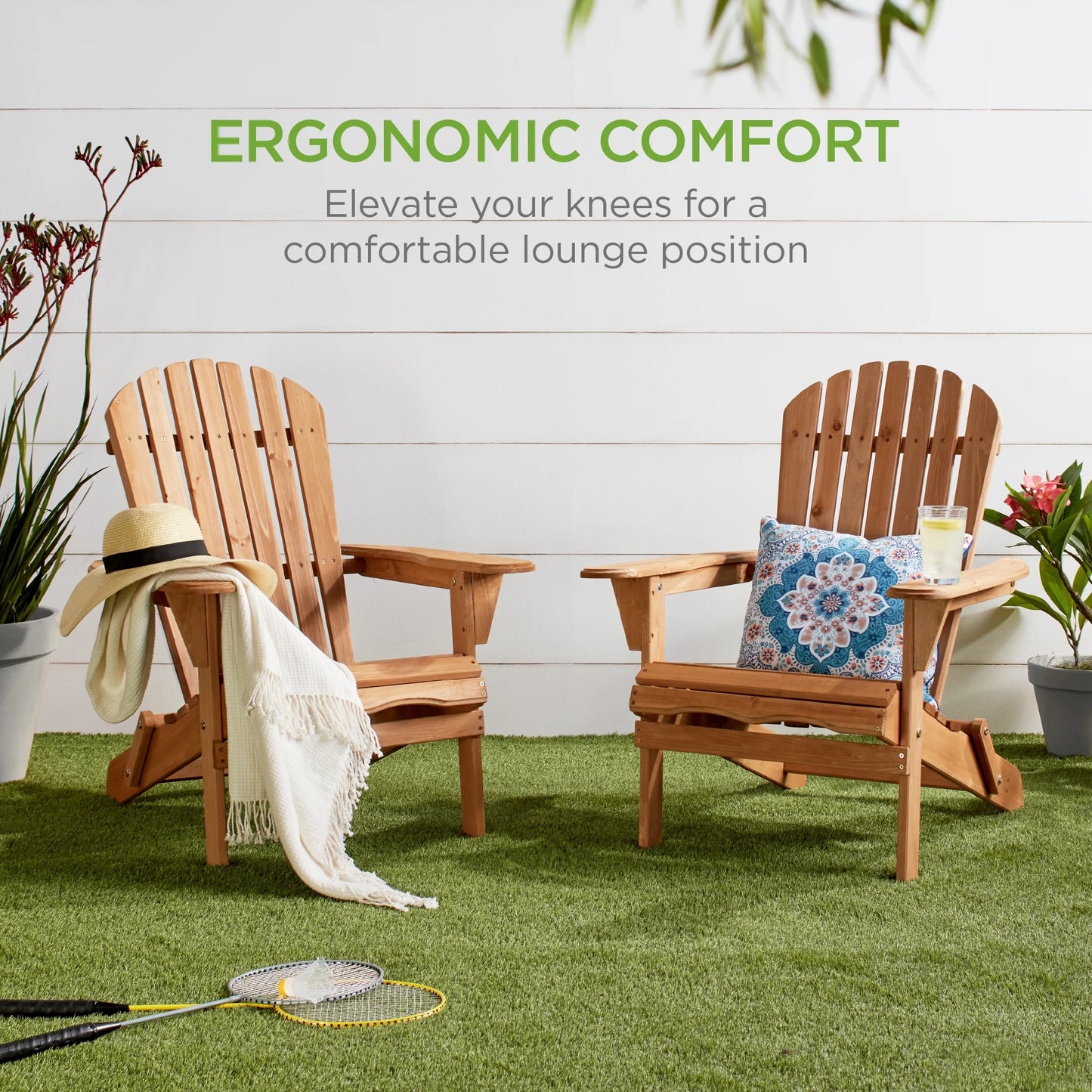 Folding Adirondack Chair Outdoor, Wooden Accent Lounge Furniture W/ 350Lb Capacity - Natural