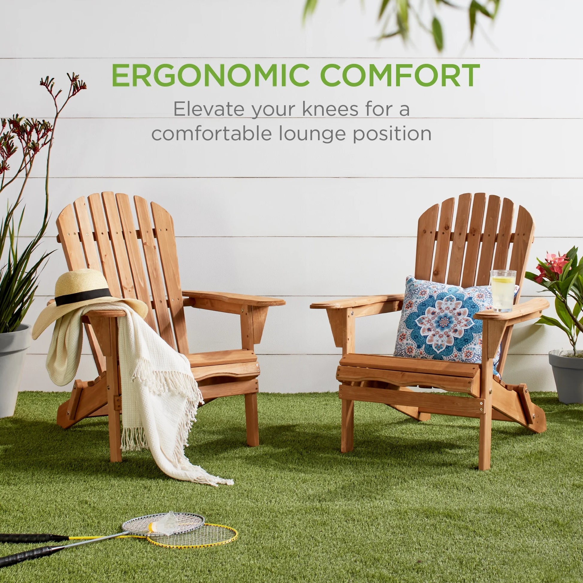 Folding Adirondack Chair Outdoor, Wooden Accent Lounge Furniture W/ 350Lb Capacity - Natural