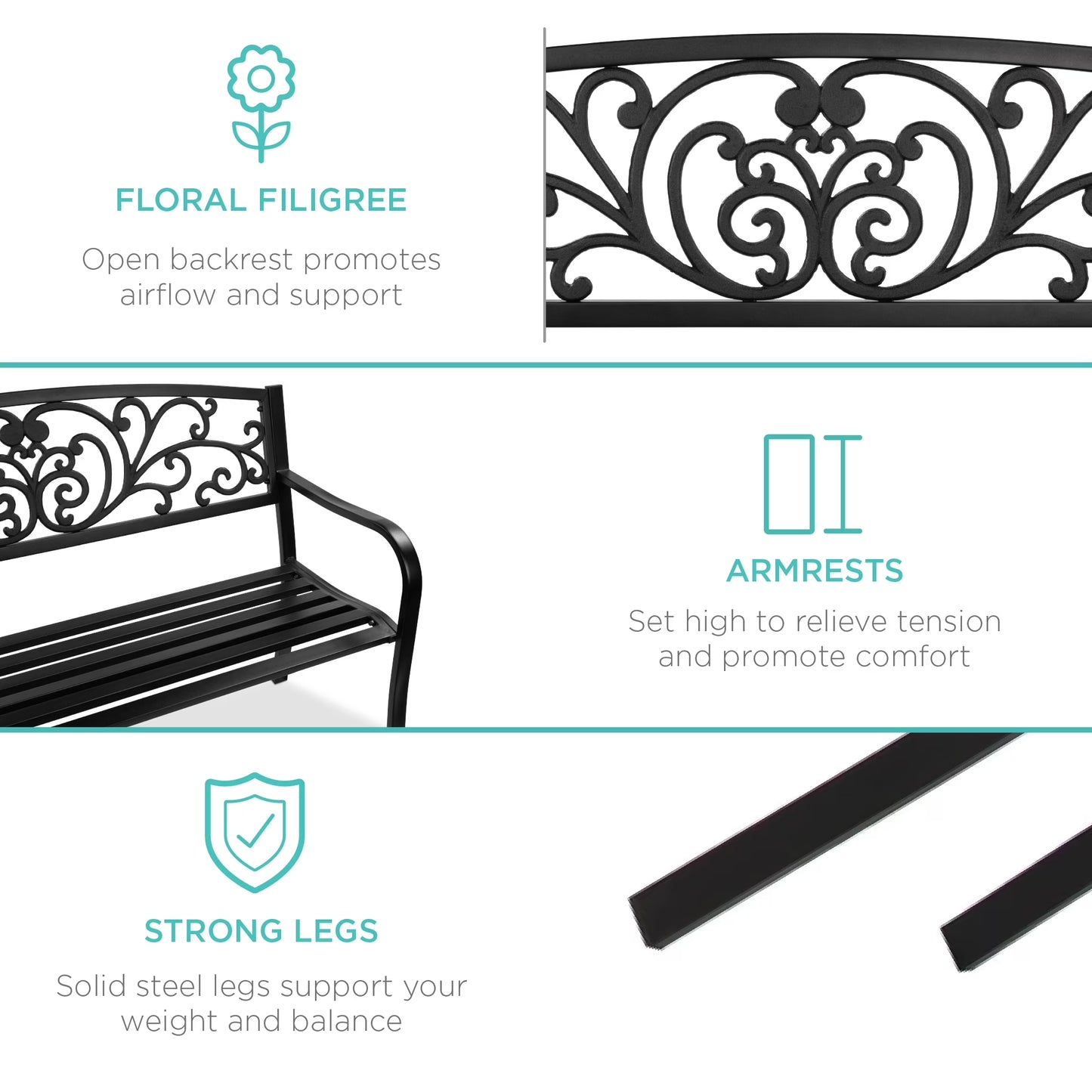 Outdoor Steel Bench Garden Patio Porch Furniture W/ Floral Design Backrest - Black