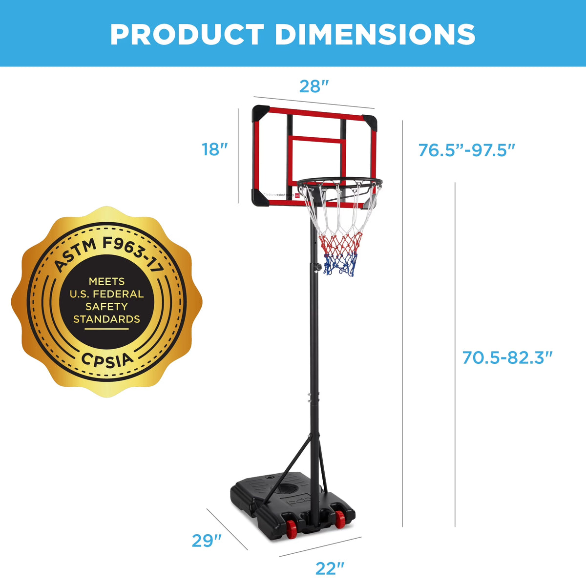 Kids Height-Adjustable Basketball Hoop, Portable Game W/ 2 Wheels, Square Backboard - Clear