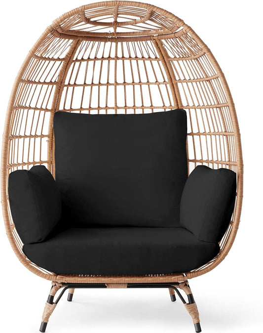 Best Choice Products Wicker Egg Chair, Oversized Indoor Outdoor Lounger for Patio, Backyard, Living Room W/ 4 Cushions, Steel Frame, 440Lb Capacity - Black