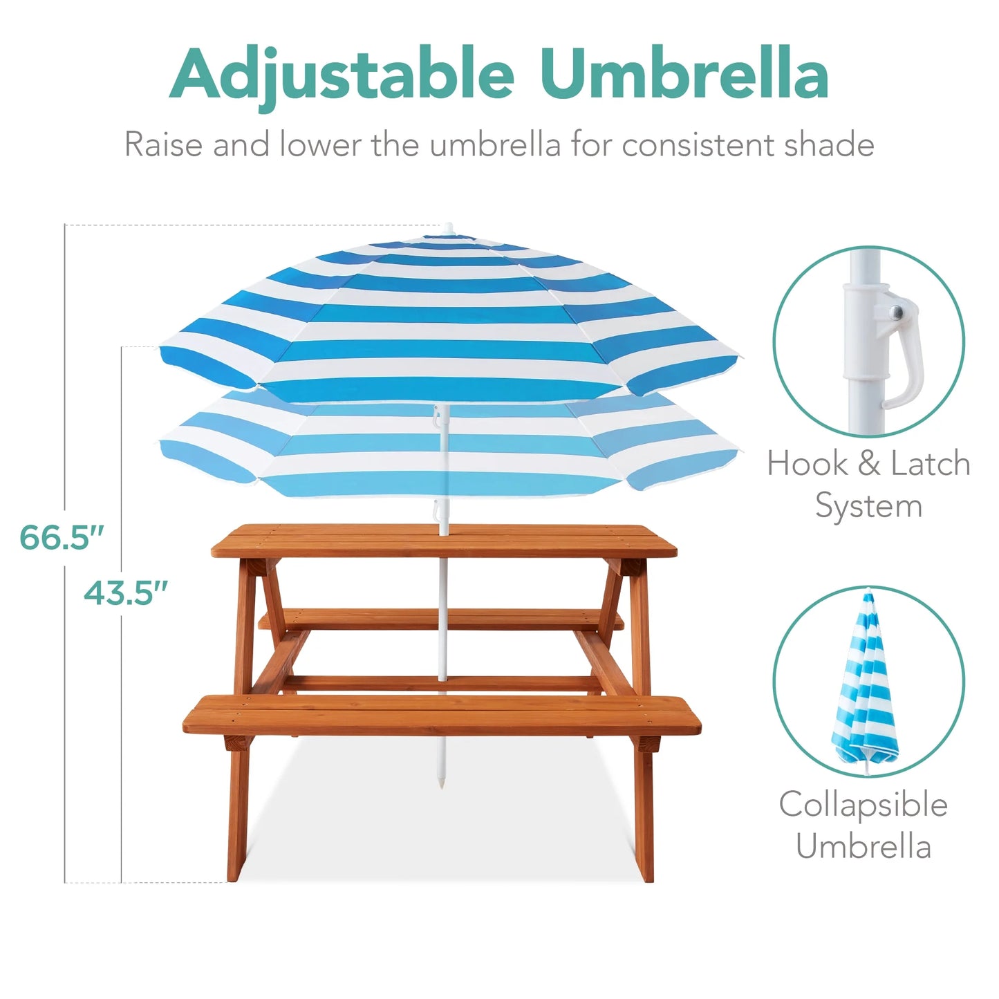Outdoor Wooden Kids Picnic Table with Umbrella, Activity Table, 220 Lb Capacity - Golden Brown/Aqua