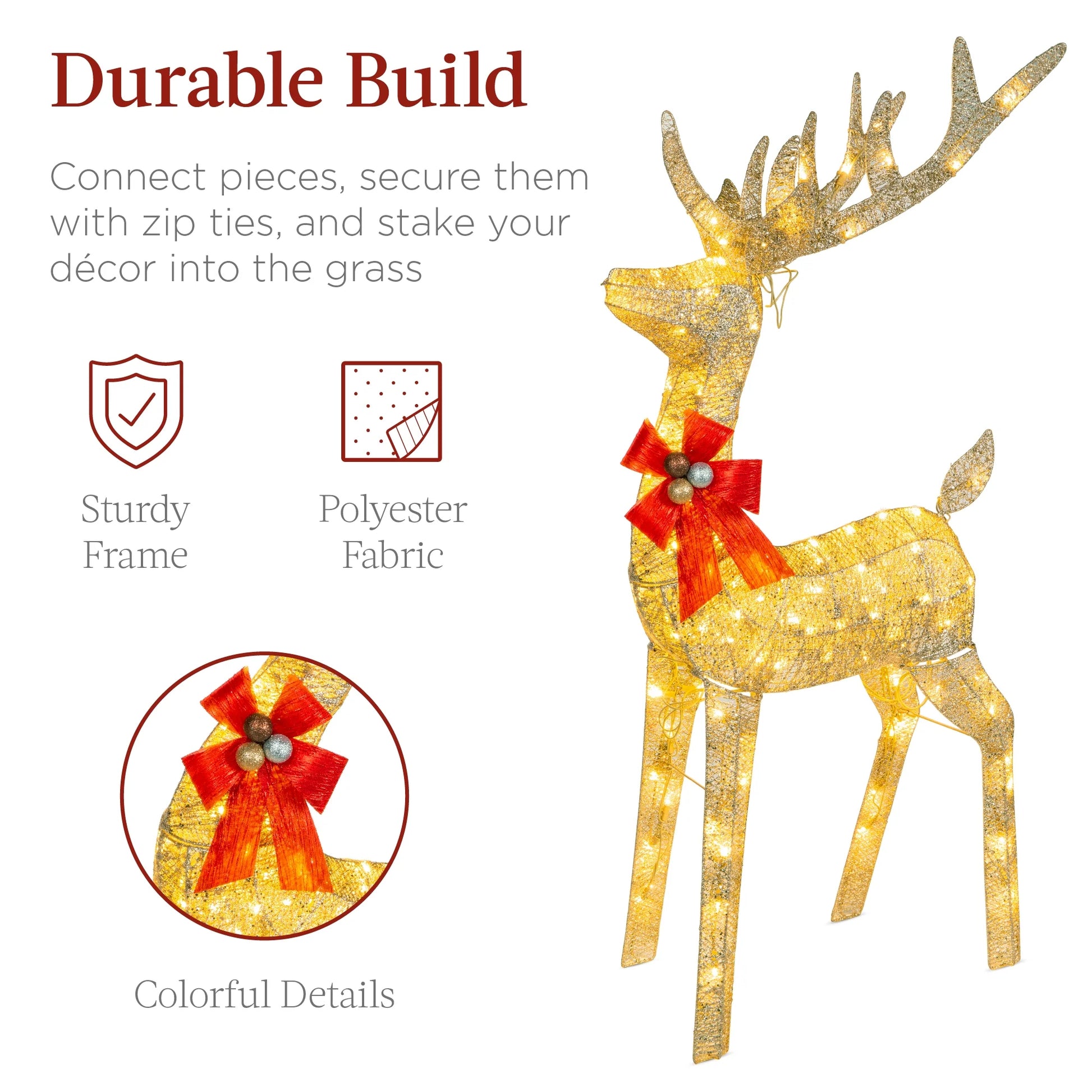 Lighted Christmas 4Ft Reindeer & Sleigh Holiday Outdoor Decor Set W/205 LED Lights, Stakes - Gold