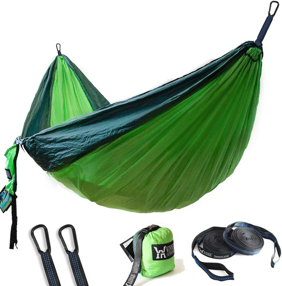Double Camping Hammock - Lightweight Nylon Portable Hammock, Best Parachute Double Hammock for Backpacking, Camping, Travel, Beach, Yard. 118"(L) X 78"(W), Dark Green/Green Color