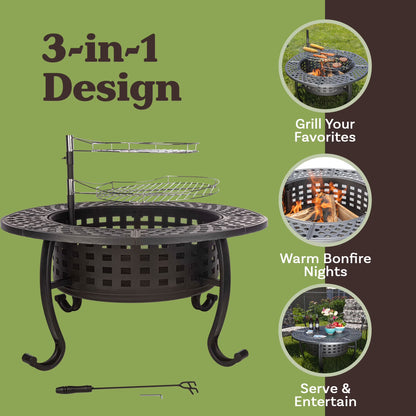 37” round Wood Burning Outdoor Fire Pit Table with 2 Grills