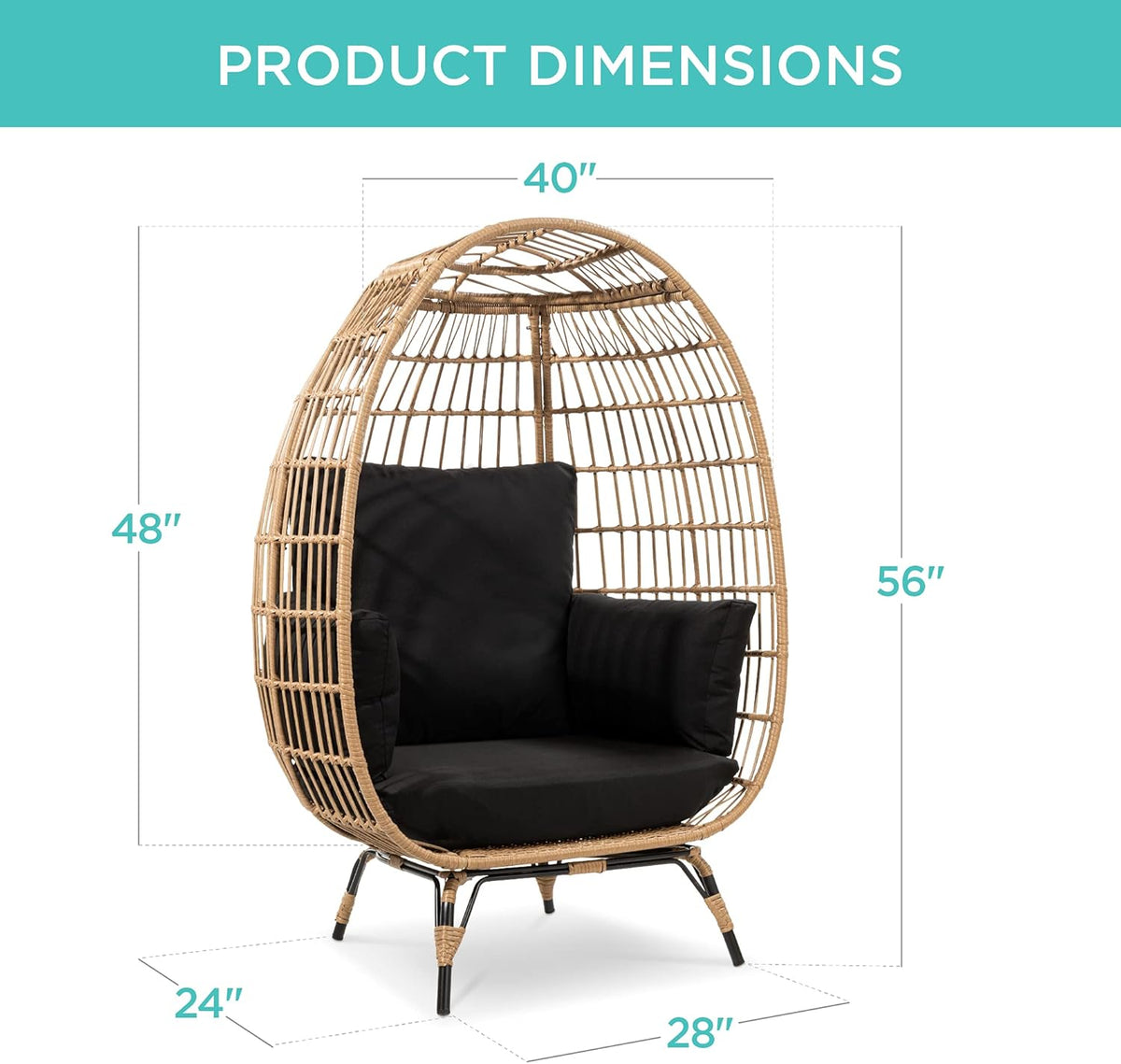 Best Choice Products Wicker Egg Chair, Oversized Indoor Outdoor Lounger for Patio, Backyard, Living Room W/ 4 Cushions, Steel Frame, 440Lb Capacity - Black