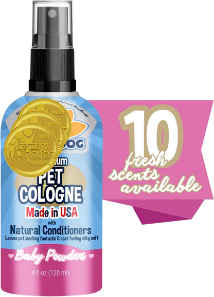 Premium Dog Cologne - Deodorizing Dog Perfume & Conditioner for Dogs & Cats - Natural Long Lasting Spray - Keeps Pets Fresh All Day - Gentle & Safe Formula, Made in USA (Baby Powder 4 Fl Oz)