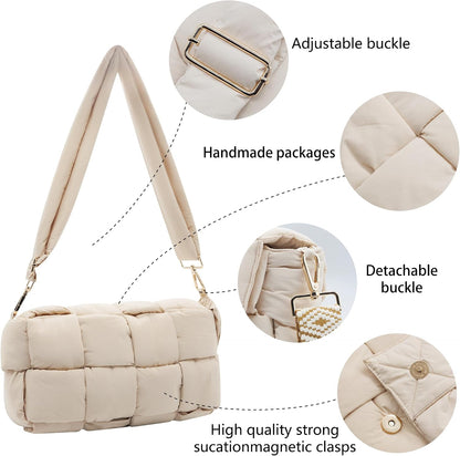 Puffer Woven Crossbody Bag Purse Handbags for Women, Quilted Hobo Carryall Bag Shoulder Bags with Adjustable Strap
