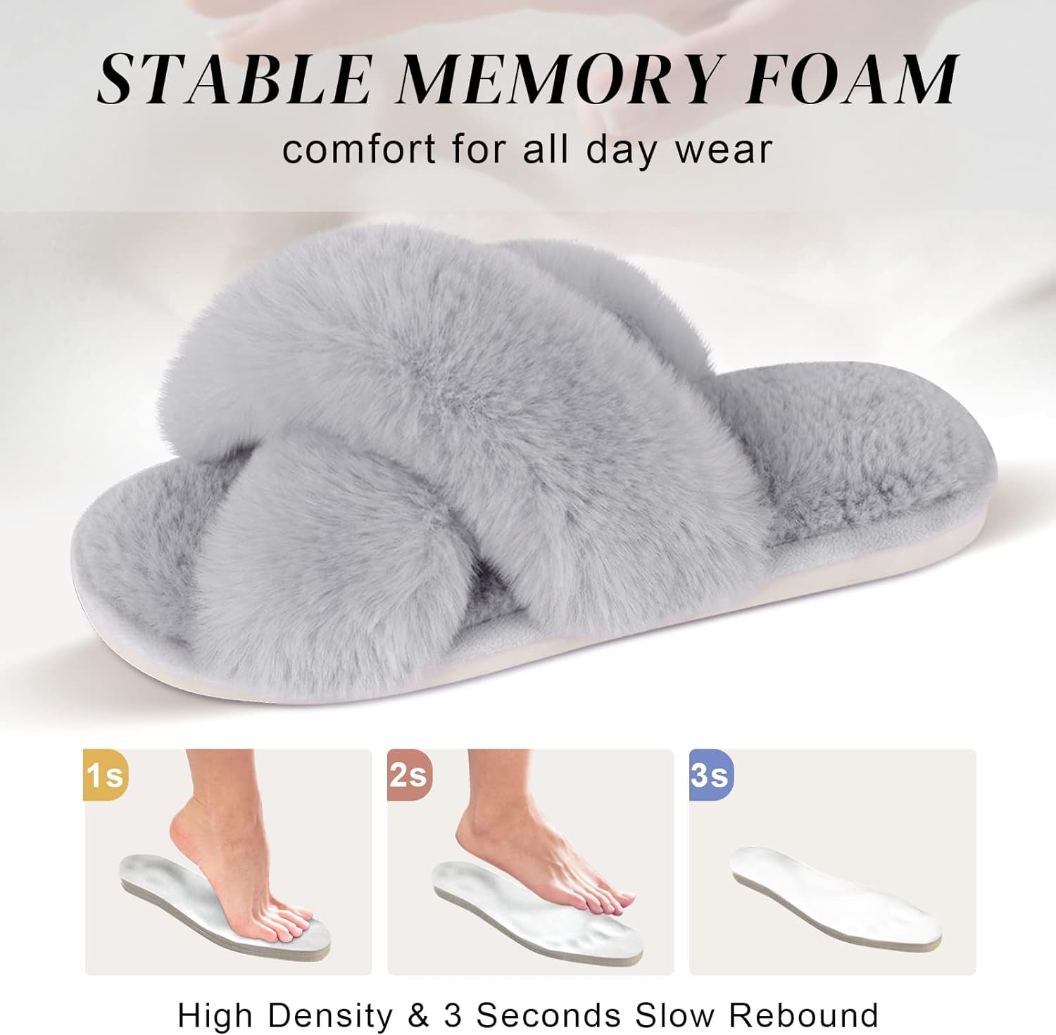 Women'S Fuzzy Cross Band Slippers, Memory Foam House Shoes with Anti-Slip Rubber Sole, Open Toe Plush Fleece Indoor Slippers for Ladies, Cozy Gifts for Women