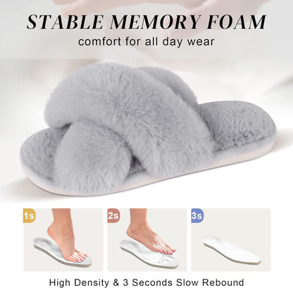 Women'S Fuzzy Cross Band Slippers, Memory Foam House Shoes with Anti-Slip Rubber Sole, Open Toe Plush Fleece Indoor Slippers for Ladies, Cozy Gifts for Women