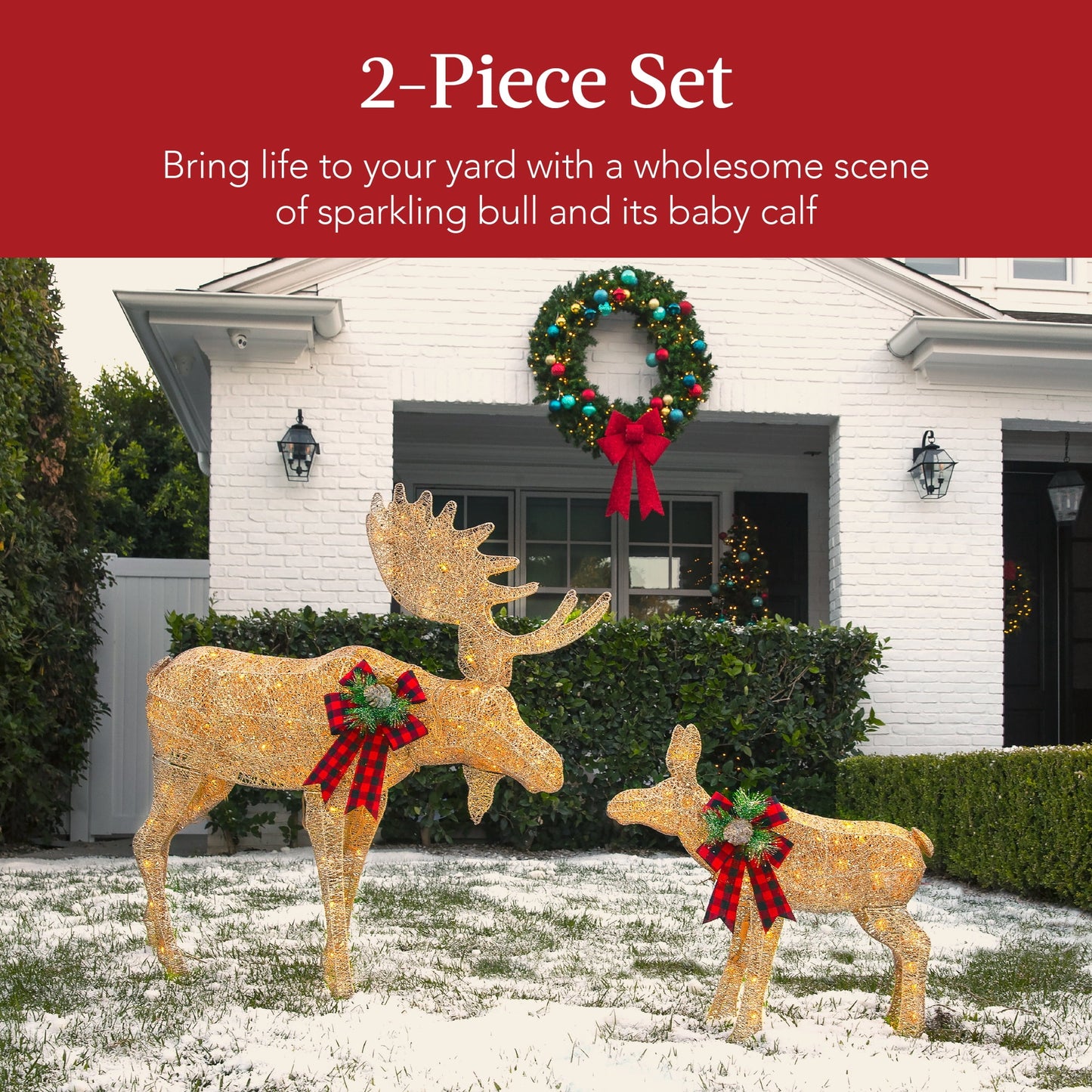 2-Piece Moose Family Lighted Christmas Yard Decor Set W/ 170 LED Lights, Stakes, Zip Ties - Gold