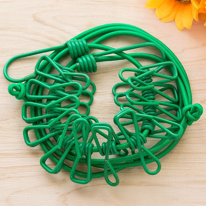 1Pc Portable Clothesline with 12 Clips Polychrome Outdoor No Punching Required Travel Camp Retractable Clothes Rope Drying Rack