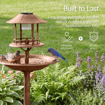 Solar Outdoor Bird Bath Pedestal Fountain Garden Decoration W/ Fillable Planter Base - Bronze