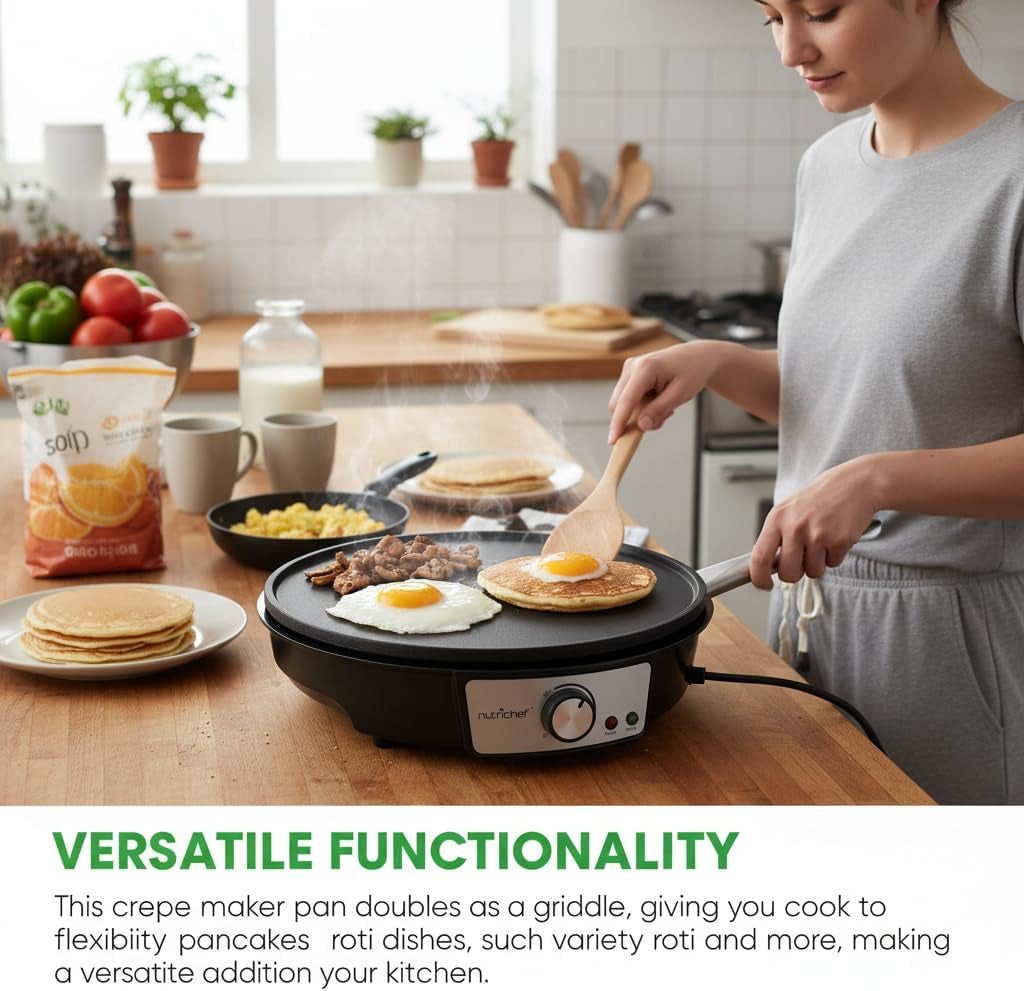 Electric Crepe Maker Pan & Griddle | 12 Inch Nonstick Cooktop | LED Indicators & Adjustable Temperature Control | Includes Spatula, Batter Spreader | Cooks Crepes, Roti & Pancakes