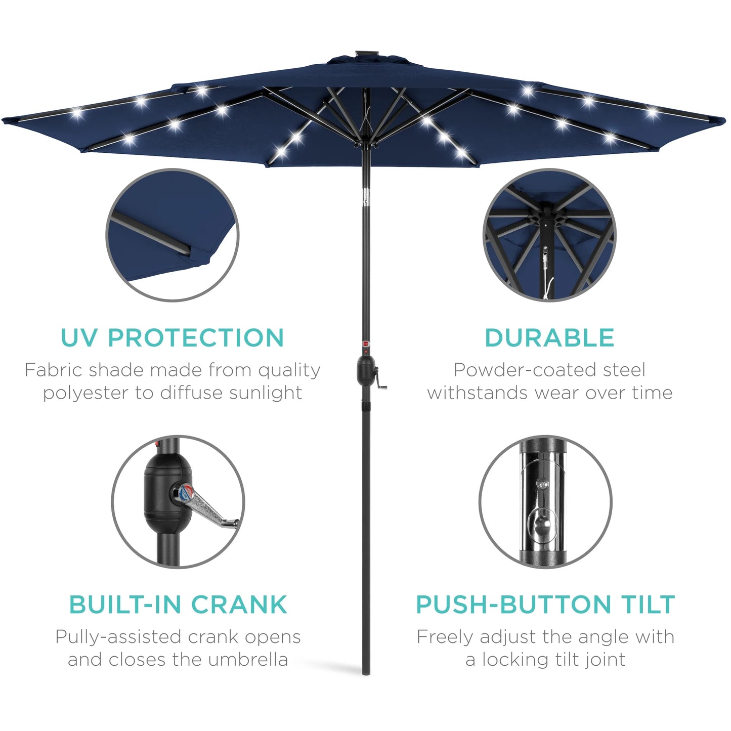 10Ft Solar LED Lighted Patio Umbrella W/ Tilt Adjustment, Uv-Resistant Fabric - Navy Blue