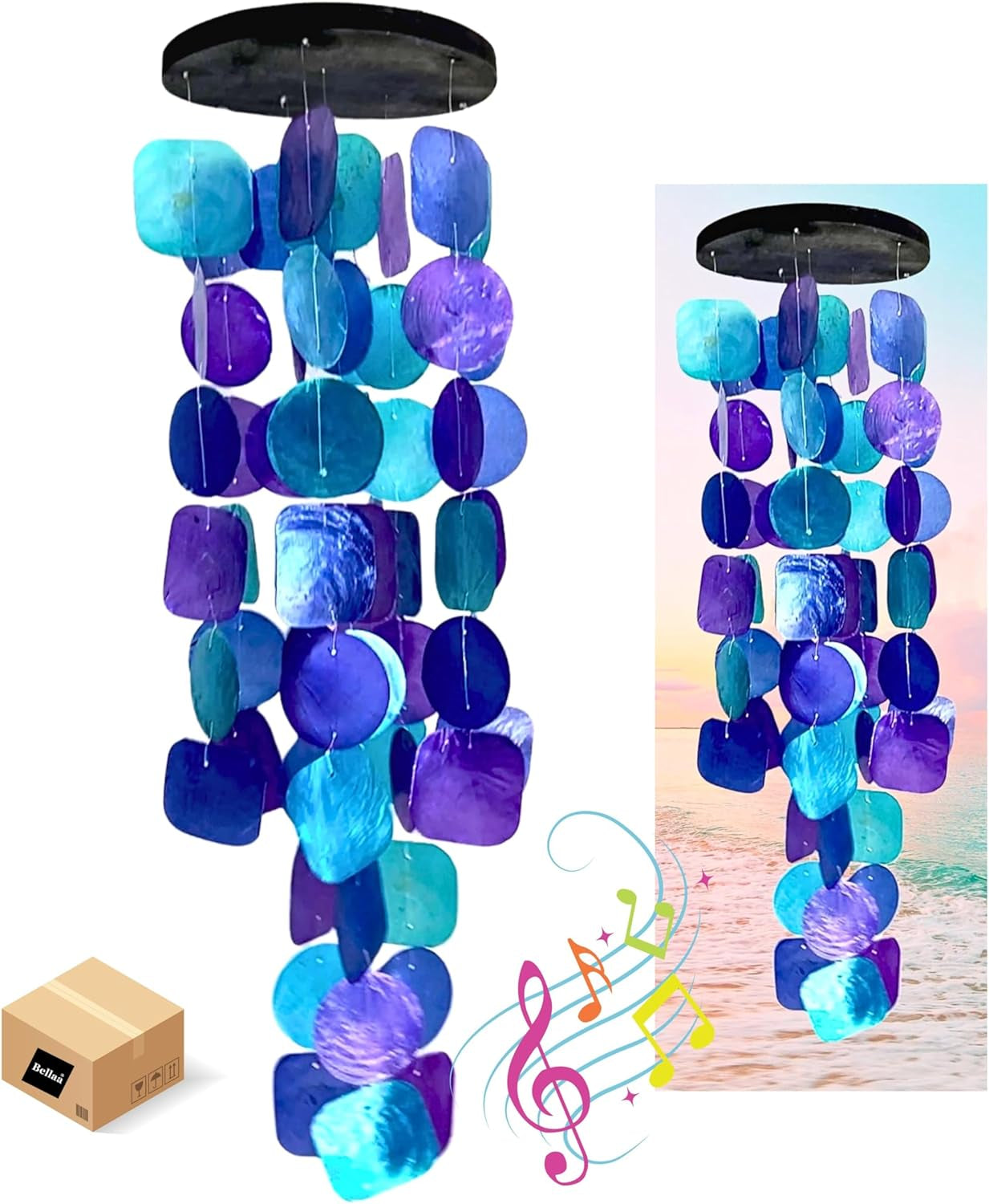 20414 Wind Chimes Outdoor, Garden Decorations, Musical, Indoor/Outside Windchimes, Beach, Ocean Breeze, Gifts for Mom, Gift for All Occasions, Purple Shells 27 Inch