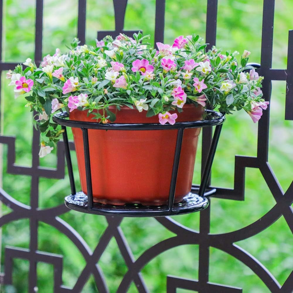 Iron Art Hanging Baskets Flower Pot Holder - over the Rail Metal Fence Planters - Pack of 3 - Black
