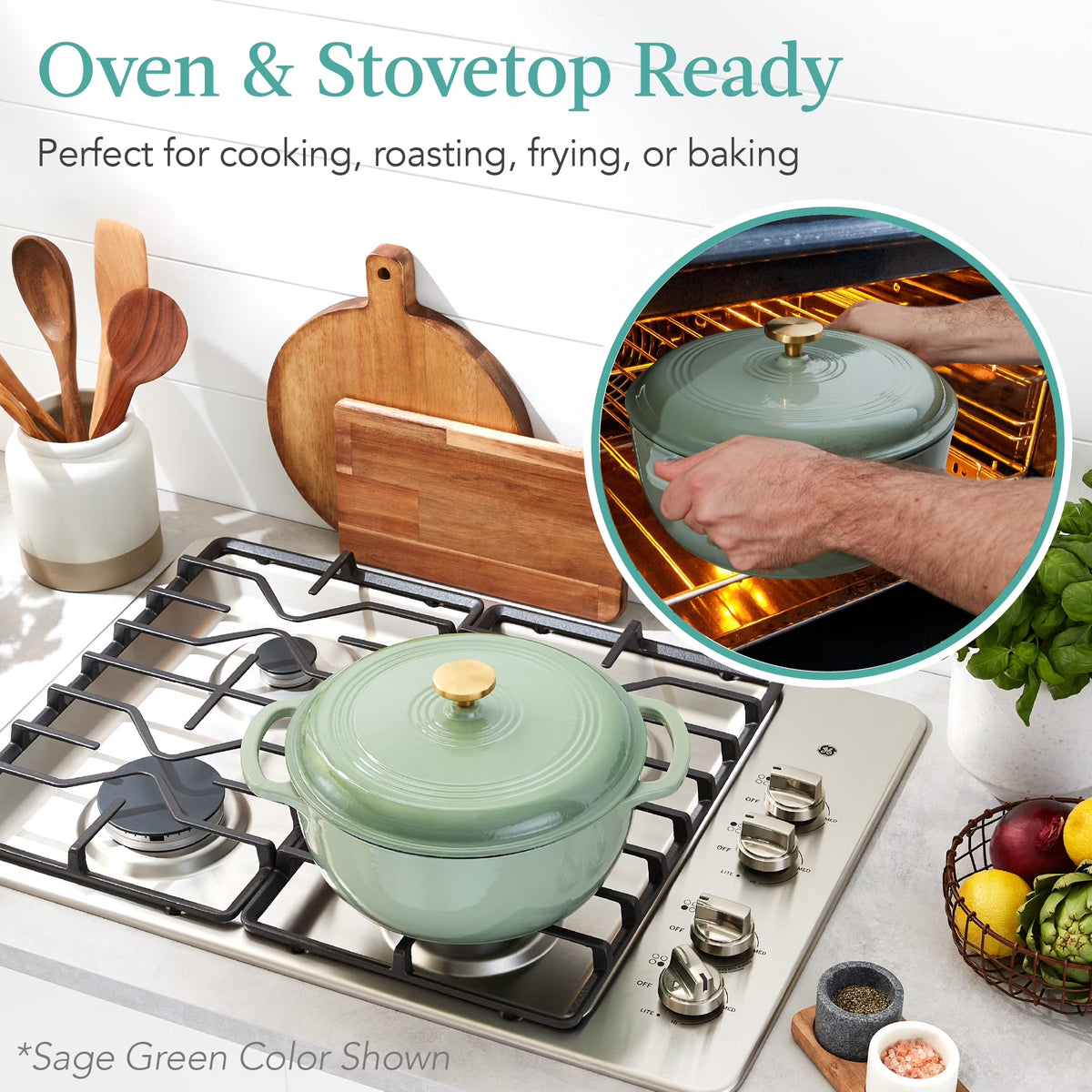 6 Quart Cast-Iron Dutch Oven, Heavy-Duty Kitchenware W/ Enamel, Side Handles - Blue