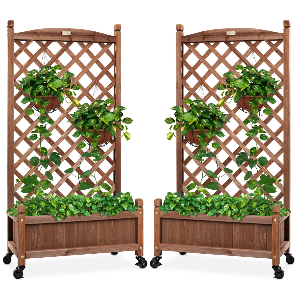 Set of 2 48In Wood Planter Box & Diamond Lattice Trellis, W/ Drainage, Optional Wheels - Walnut