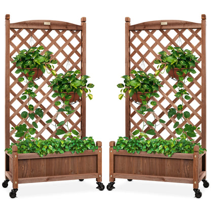Set of 2 48In Wood Planter Box & Diamond Lattice Trellis, W/ Drainage, Optional Wheels - Walnut