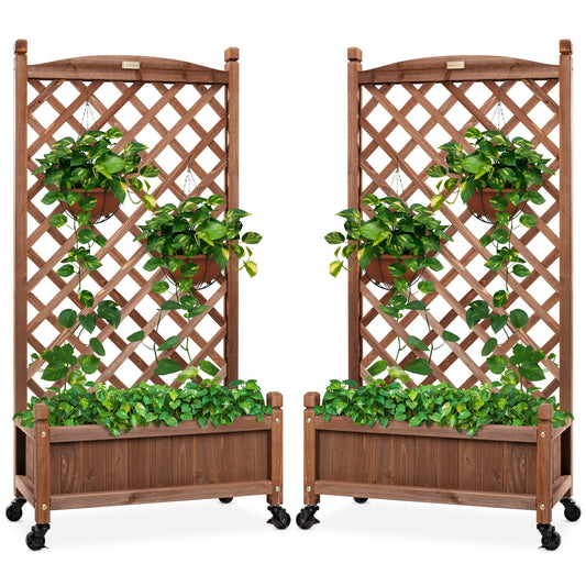 Set of 2 48In Wood Planter Box & Diamond Lattice Trellis, W/ Drainage, Optional Wheels - Walnut