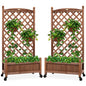 Set of 2 48In Wood Planter Box & Diamond Lattice Trellis, W/ Drainage, Optional Wheels - Walnut