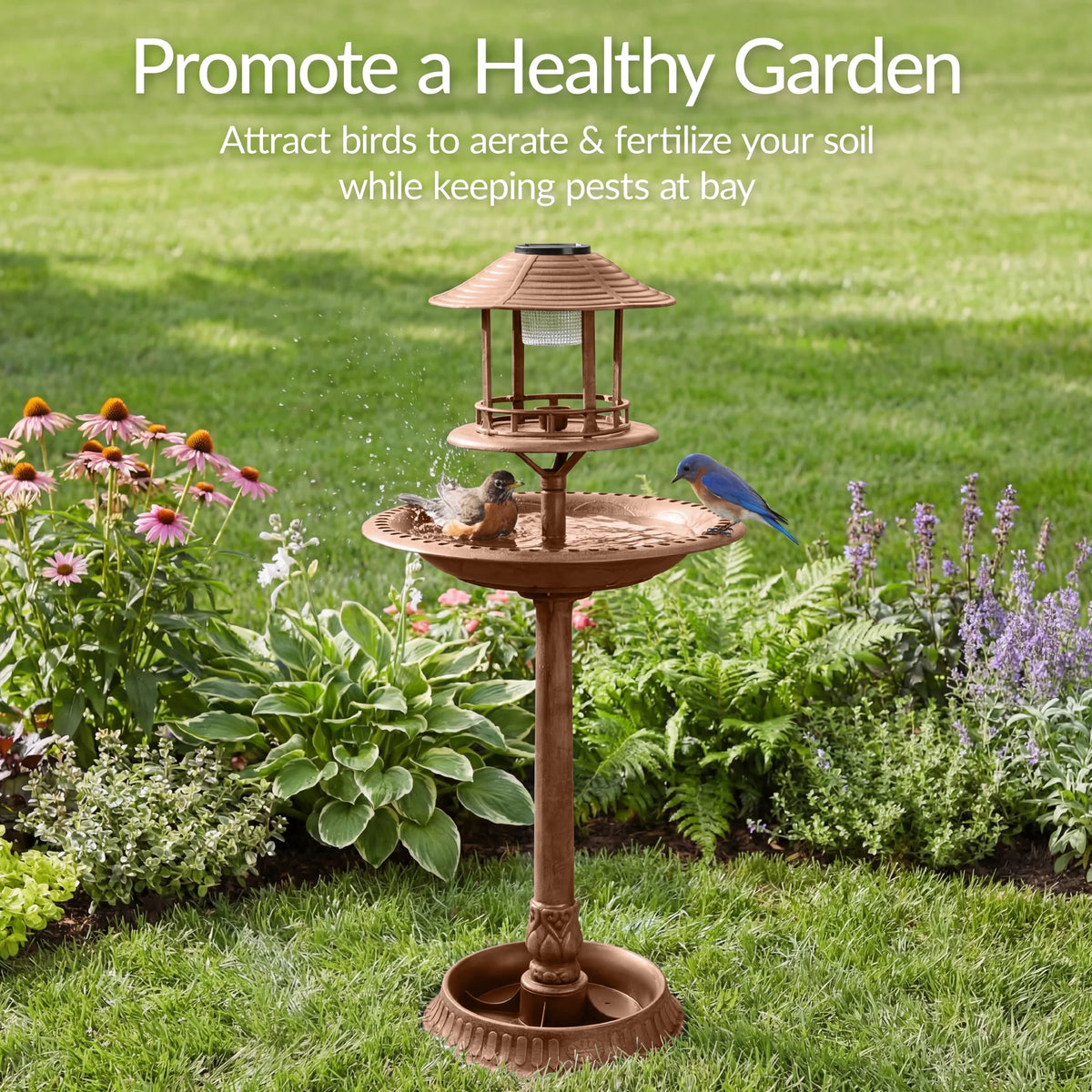 Solar Outdoor Bird Bath Pedestal Fountain Garden Decoration W/ Fillable Planter Base - Bronze