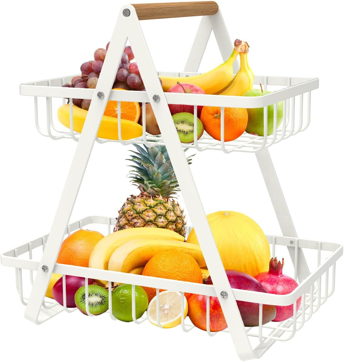 2-Tier Countertop Fruit Basket, Detachable Metal Rectangular Fruit Bowl with Portable Wooden Handle, Multi-Purpose Storage Organizer for Kitchen, Dining Room,Fruits,Vegetables, Bread & Snacks