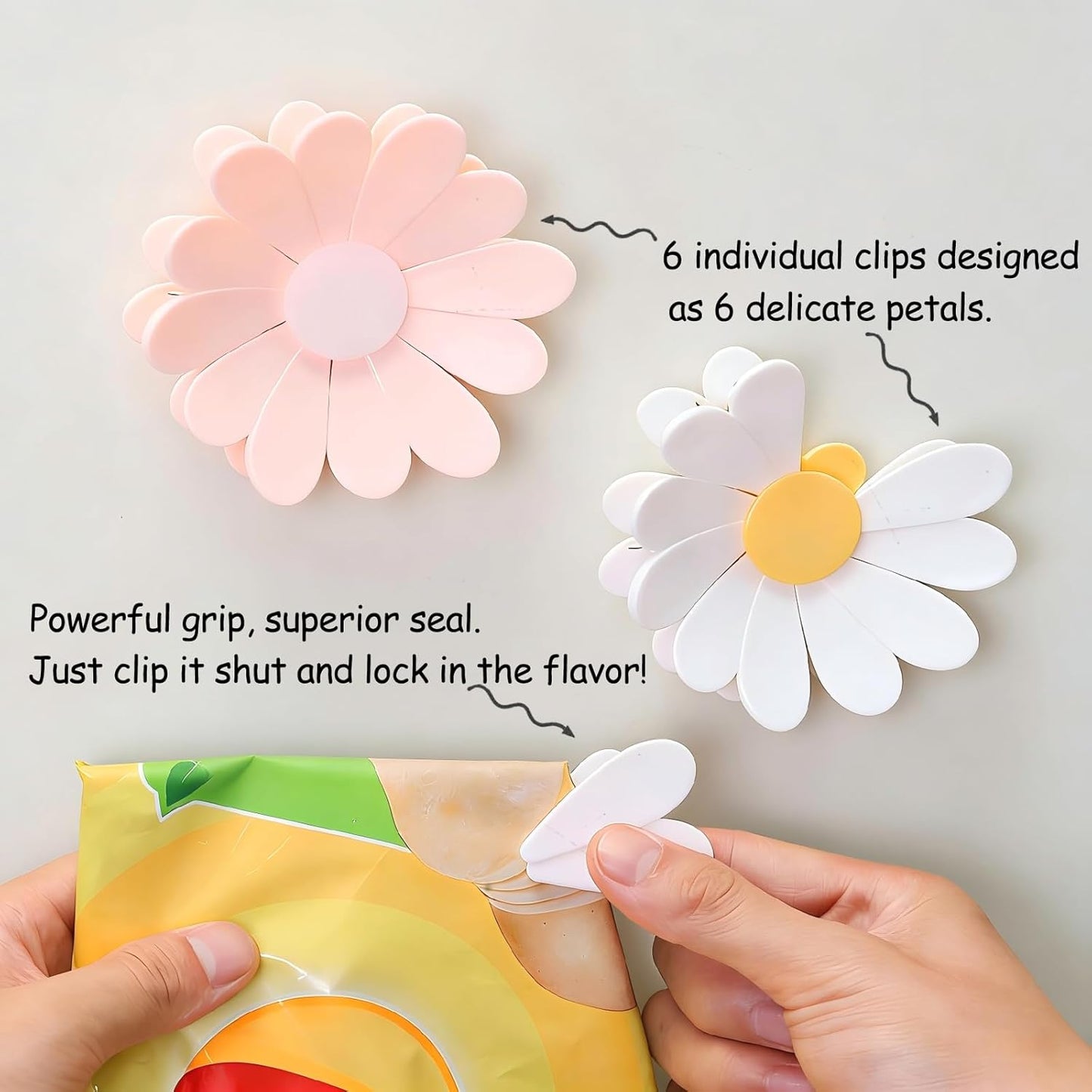 Chip Clips, English Daisy Magnetic Bag Clips, Cute Fridge Magnets, Magnetic Clip for Bread, Snack and Food Bags (2 Flower 12 Pcs, White and Pink)