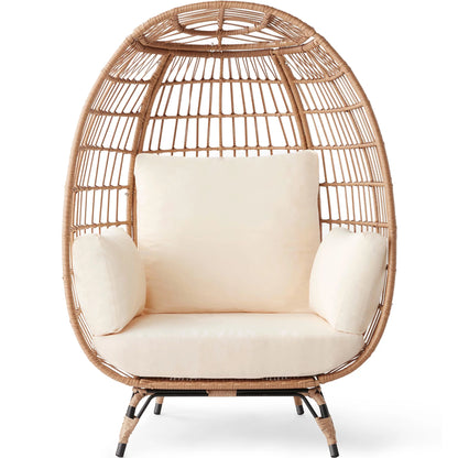 Wicker Egg Chair Oversized Indoor Outdoor Patio Lounger W/ Steel Frame - Ivory