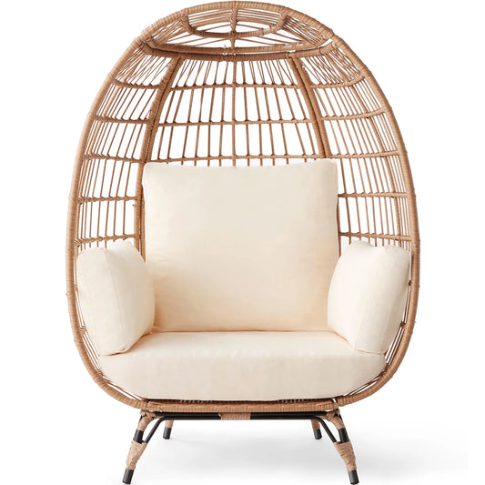 Wicker Egg Chair Oversized Indoor Outdoor Patio Lounger W/ Steel Frame - Ivory